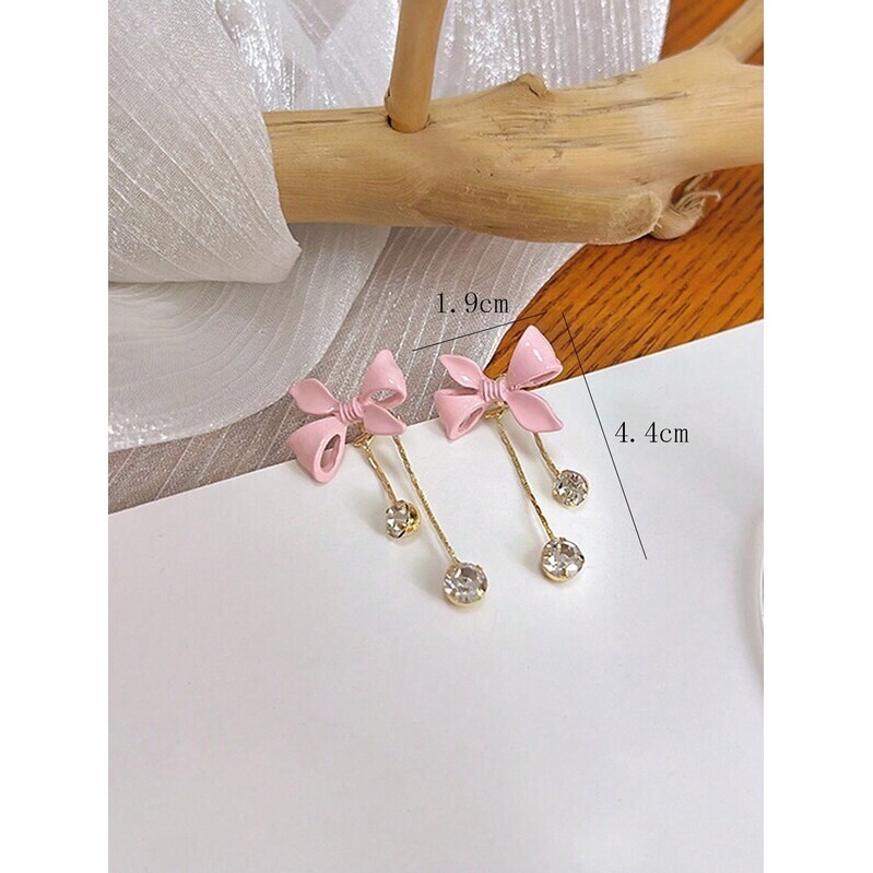 Pink Bowknot Tassel Long Earrings With Rhinestone For , Sweet Girl Ea